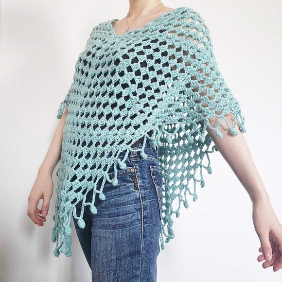 Vintage Y2K handmade soft & comfy aqua crochet poncho - Picture 1 of 8